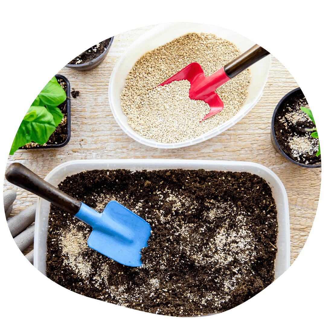 Soil with fertilizers and trowels