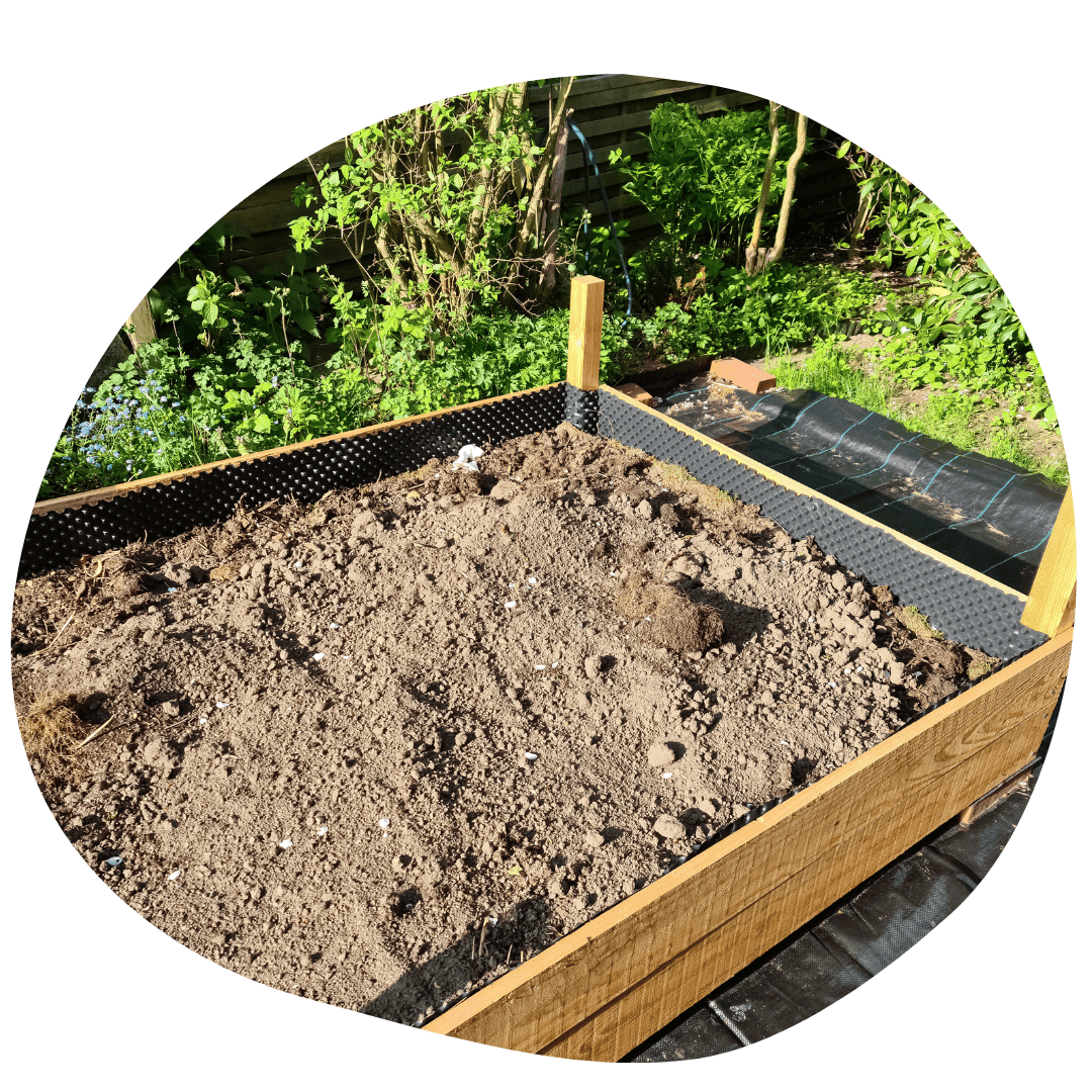 Wooden sided raised bed filled with soil on top of landscape fabric